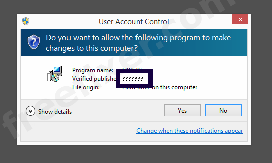 Screenshot where ??????? appears as the verified publisher in the UAC dialog